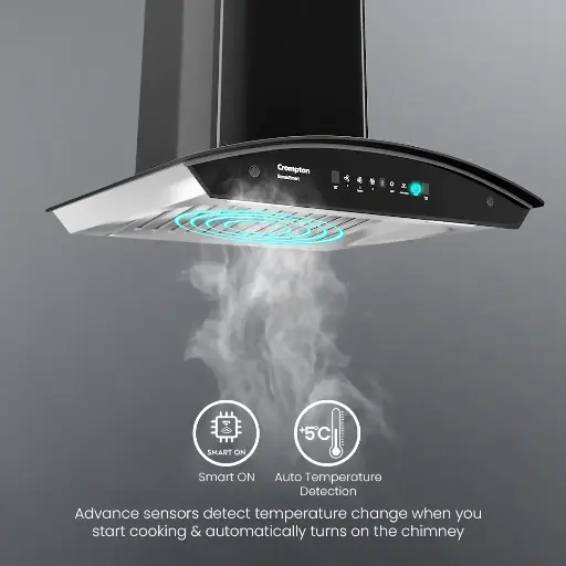 SensoSmart 
Size (Width) : 90 cm
Min Noise Levels in dB : 55dB
Max Suction : 1626 m3/hr
Speed : 3 speed
Touch Control : Gesture Control
Gesture Control : yes
Cleaning Technology : Intelligent Autoclean
Crompton Motor Technology : Induction Motor | Smart on
Warranty on Motor : 10 year
Net Diemention(W×D×H)mm : 897 ×340 ×855
Warranty on Appliance : 1 year
Ducting Kit Included : yes